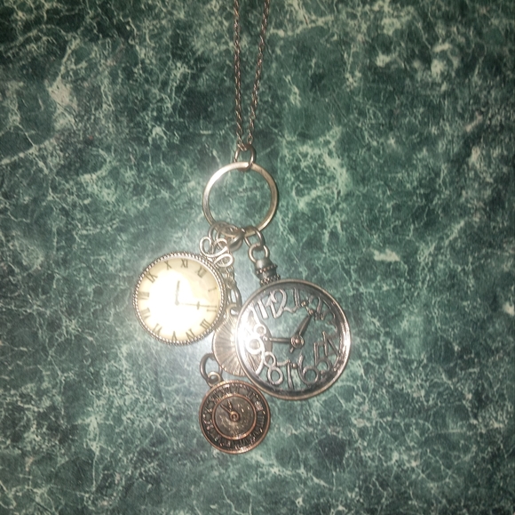 Long Clock Time Charms Pewter Colored Steampunk Boho Necklace - Picture 4 of 7